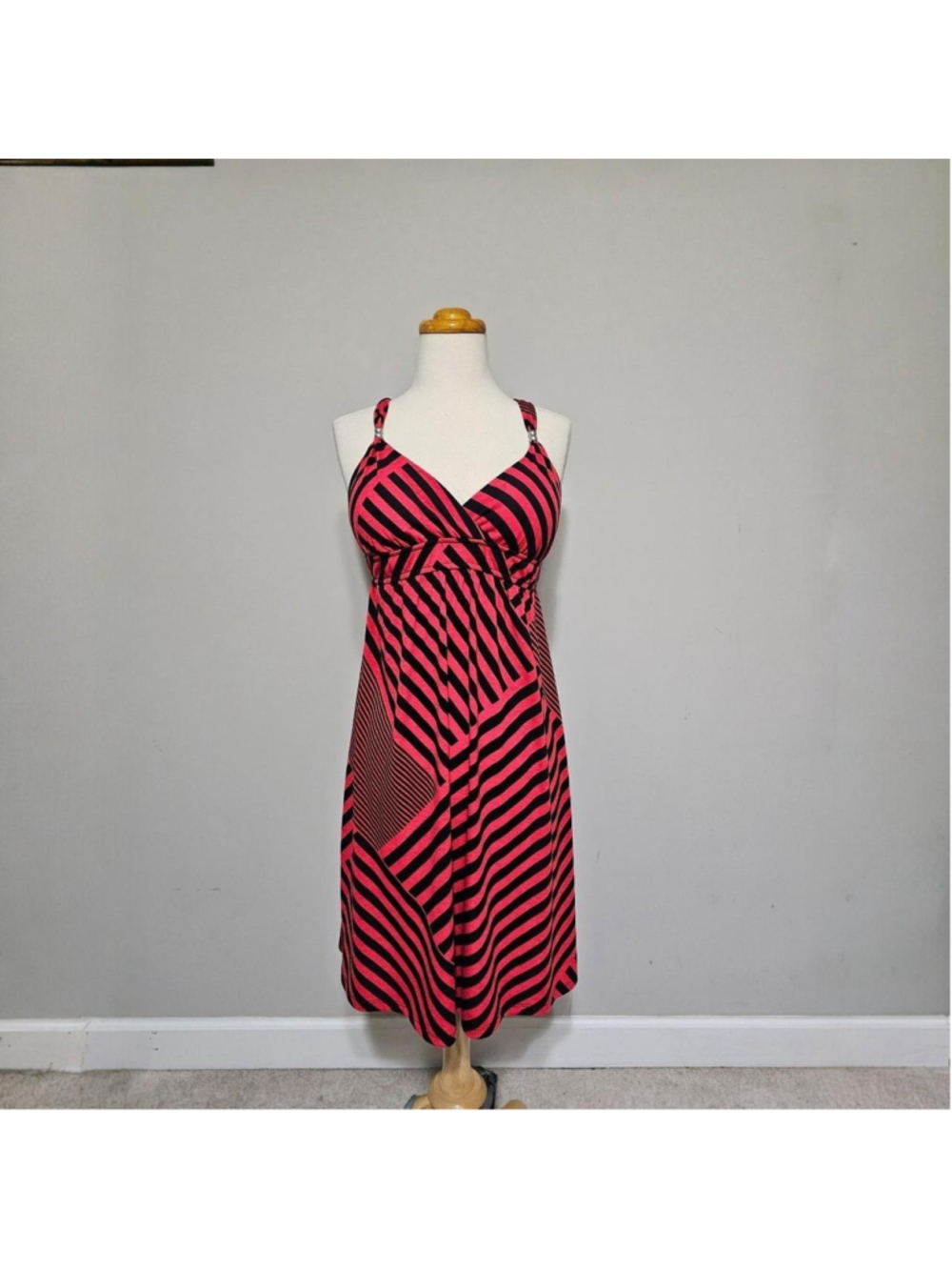 Allison Brittney Hot Red Black Striped Halter Mini Dress Size S Y2K Geometric
